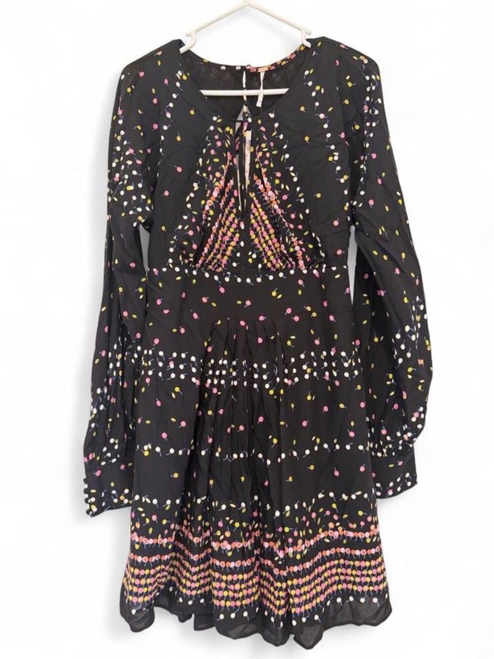 Free People Black Multicolor Dot & Stripe Tie-Neck Dress